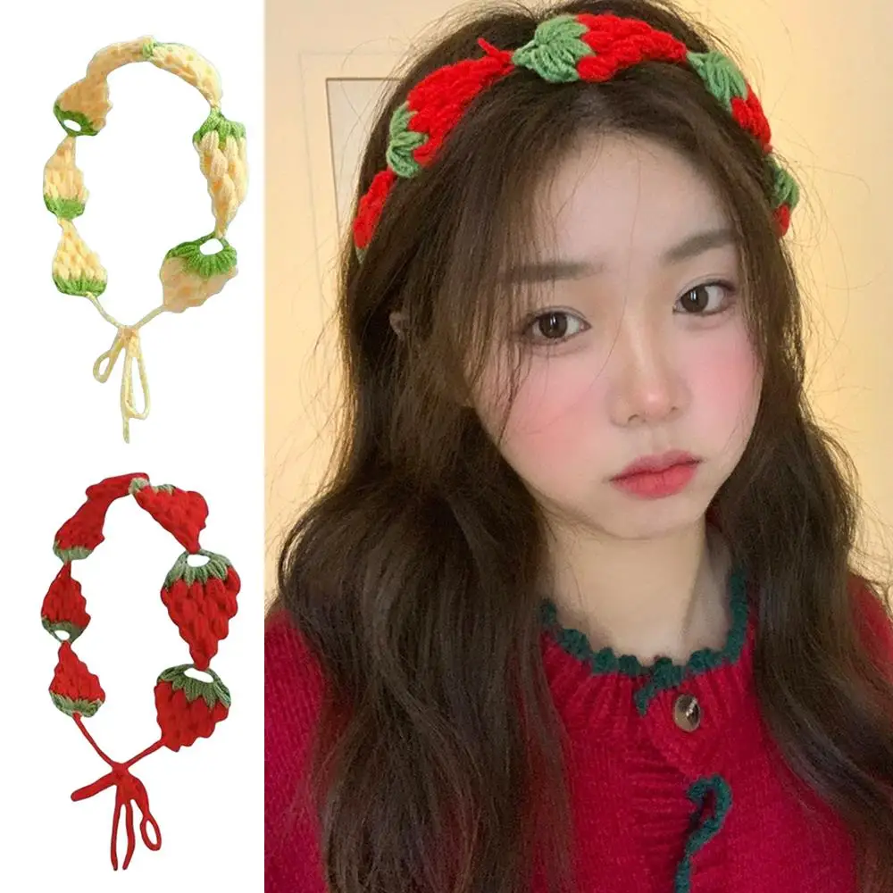 Small Strawberry Knitted Headband Lace-up Headscarf Knitting Strawberry Bandanas Hairband DIY Handmade Hair Accessories