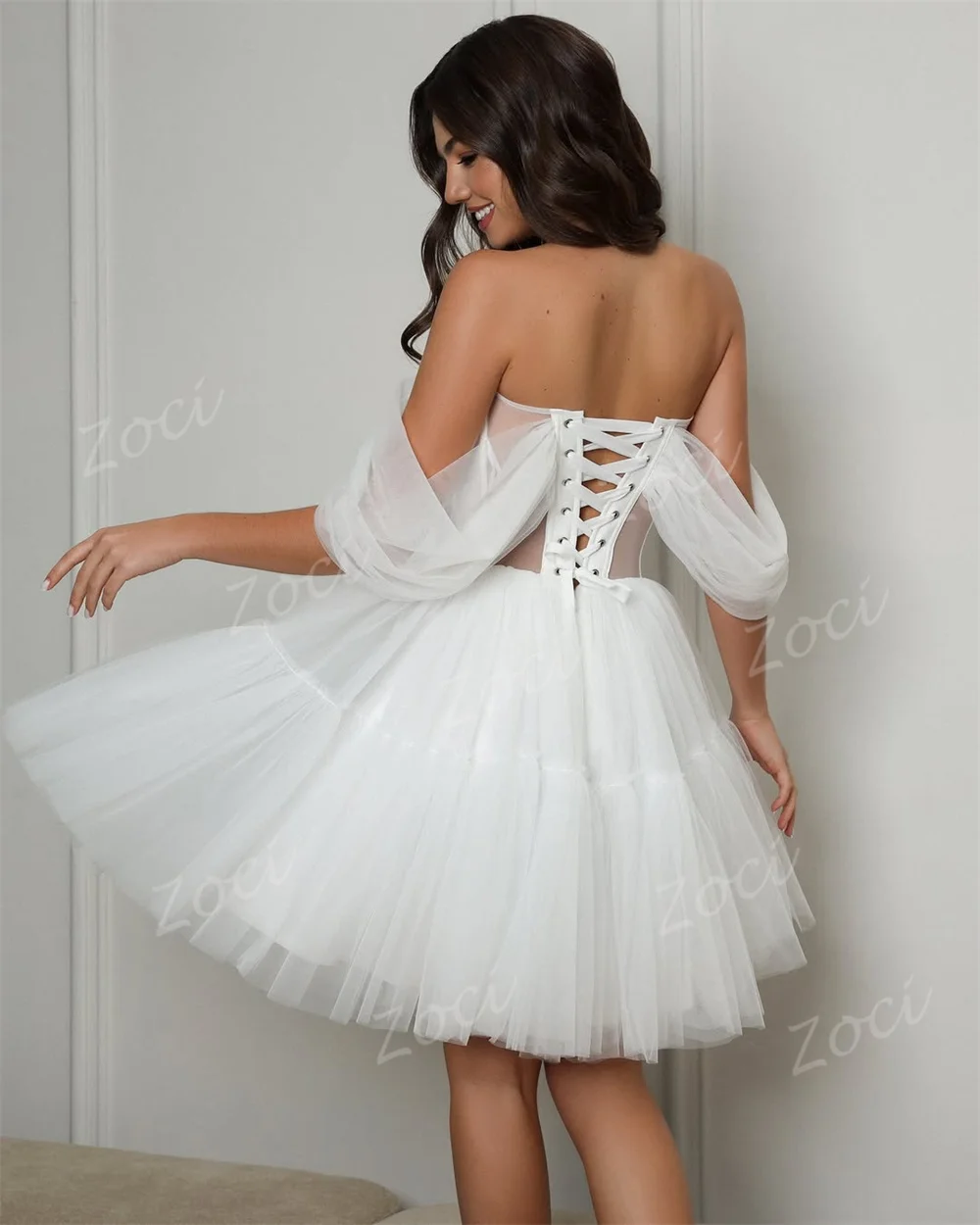 Zoci morbido tulle corto abito da sposa da spiaggia senza spalline mini una linea abiti da festa corsetto posteriore Rochie De Mireasa personalizzato