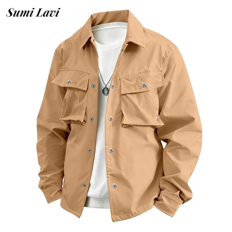 

Trendy Men's Pockets Cargo Cardigans Spring Fall Daily Casual Turn-down Collar Coats Mens Clothes Fashionable Button Jacket