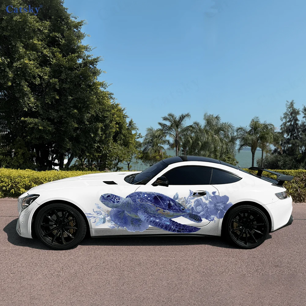 Sea Turtle Swimming Flowers Car Vinyl Wraps Decal Self-adhesive PVC Sticker Suitable for Trucks SUV Decor Auto Accessories Gift