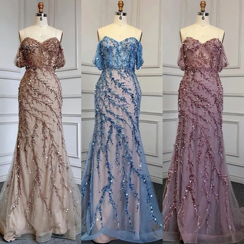 Vestido de fiesta de lujo con lentejuelas y cuentas, corte sirena, hombros descubiertos, escote corazón, con encaje de espina de pescado, vestido de noche formal con cola de tul, hecho a medida