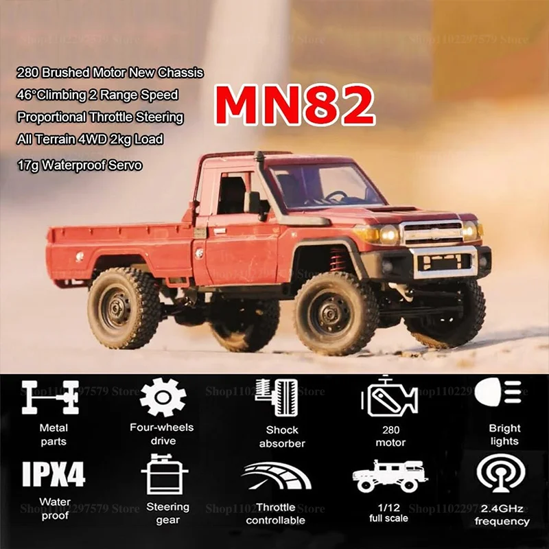 MN82 4WDオフロードRCピックアップトラック クライミングカー LEDライト付き 1/12スケール フルサイズシミュレーションRC車両 子供向けギフト 屋外遊び