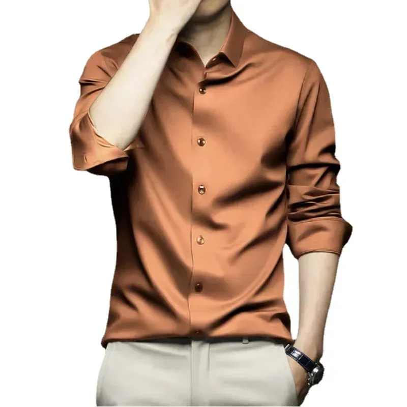 Camisa de manga larga para hombre, color naranja, lujosa, resistente a las arrugas y sin planchar, camisa de vestir informal de negocios sólida,