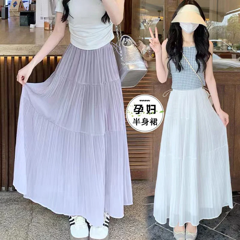 fashion-maternity-pleated-skirts-pregnancy-cake-skirt-white-purple-summer-pregnant-woman-maxi-skirt-solid-color-drawstring-waist