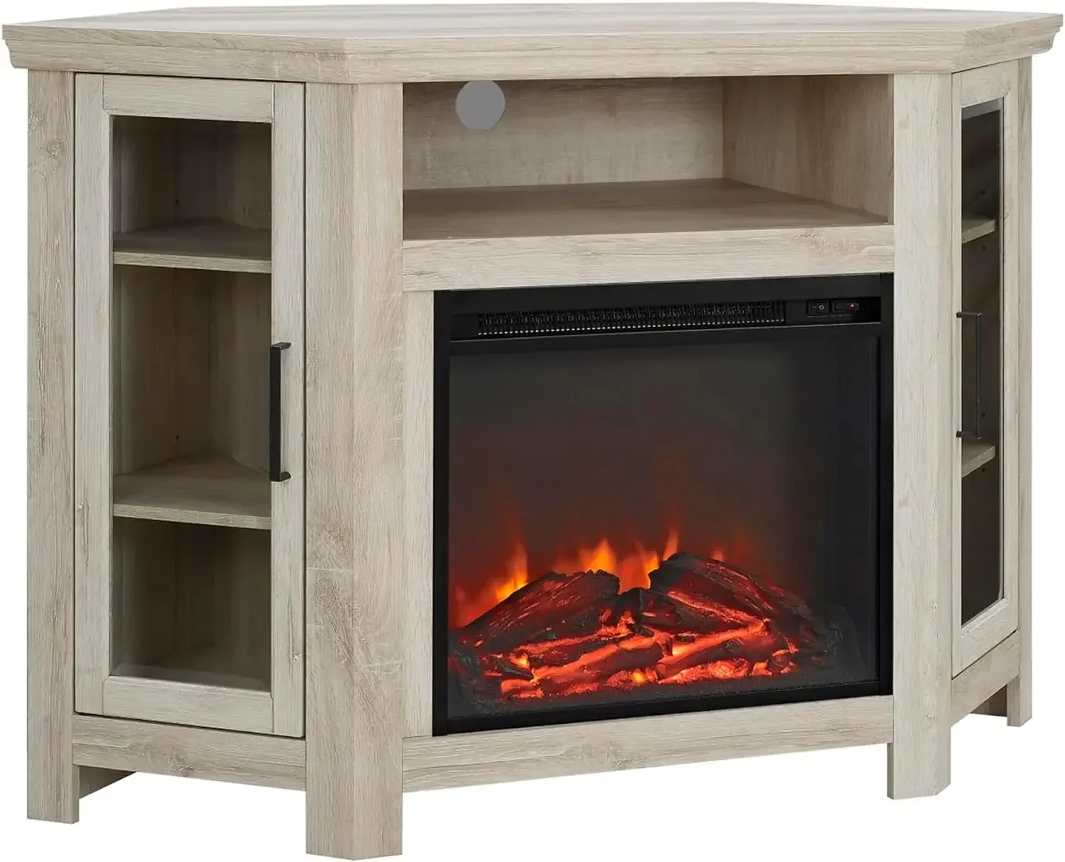 Alcott Classic Glass Door Fireplace Corner TV Stand for TVs up to 55 Inches, 48 Inch, White Oak