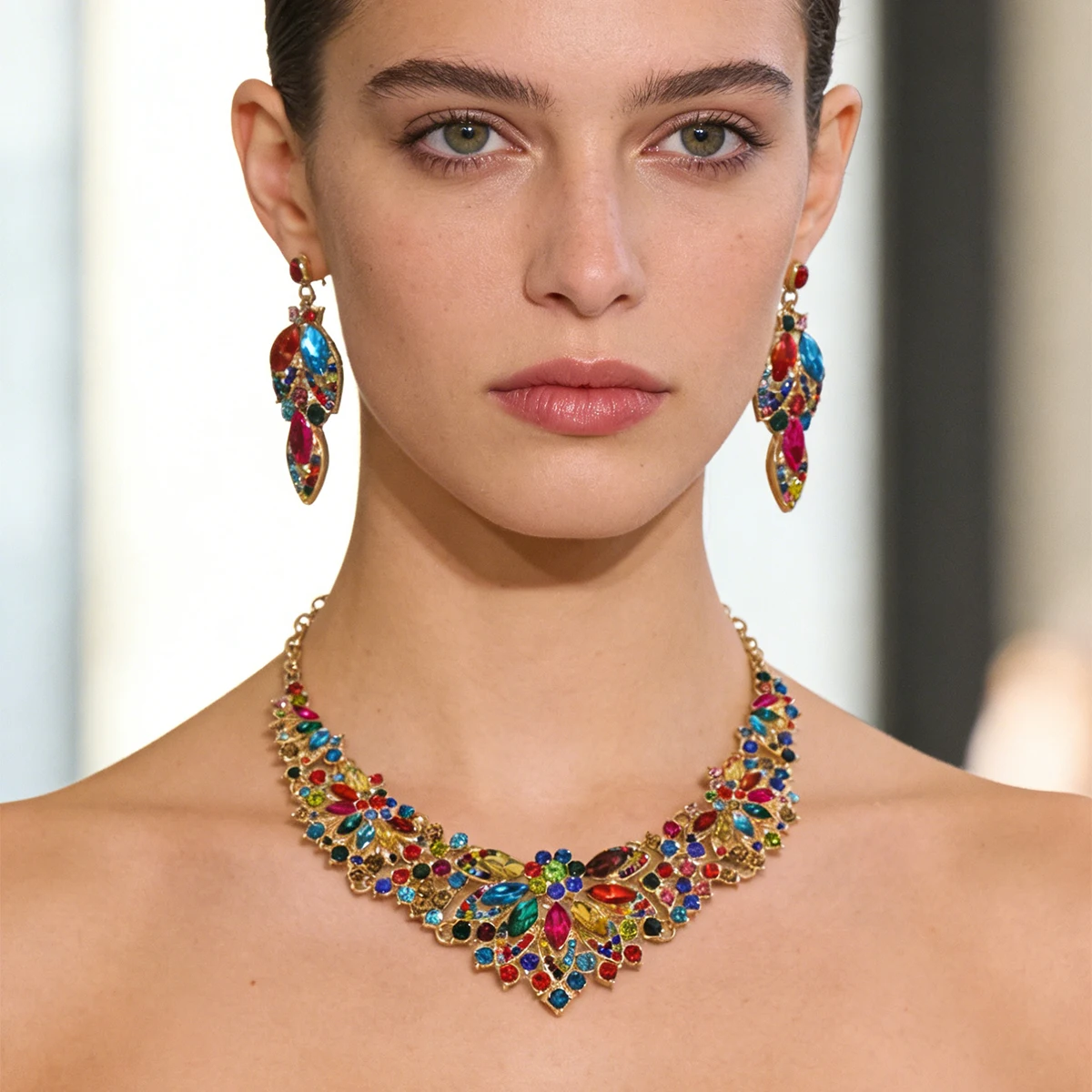 

3Pcs/Set Fashion Colorul Rhinestone Necklace Earrings Jewelry Set For Women Bride Wedding Banquet Party Jewelry Accessories