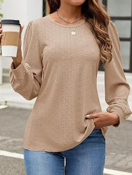 White Long Sleeve Loose Casual Women T-Shirt Hollow Out Vintage Basic O-Neck Female Tops Breathable Confortable Autumn Lady Tees