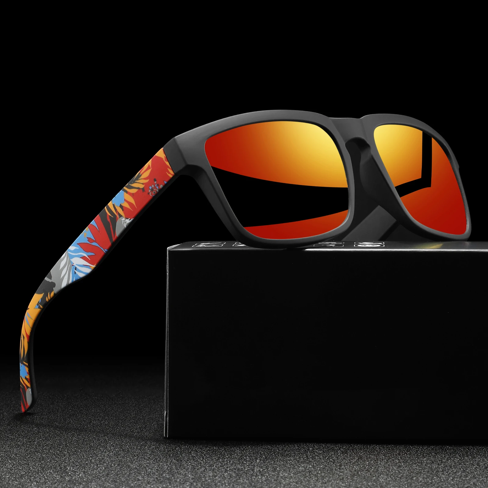 Classic Square Colorful Polarized Sports Sunglasses - Patterned Temples, Comfort Fit for Cycling, Fishing, Beach & Casual