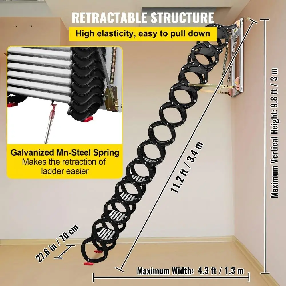 Pull Down per scale soffitta scala retrattile pieghevole a parete nera in lega a 12 gradini con braccioli 9,8 piedi
