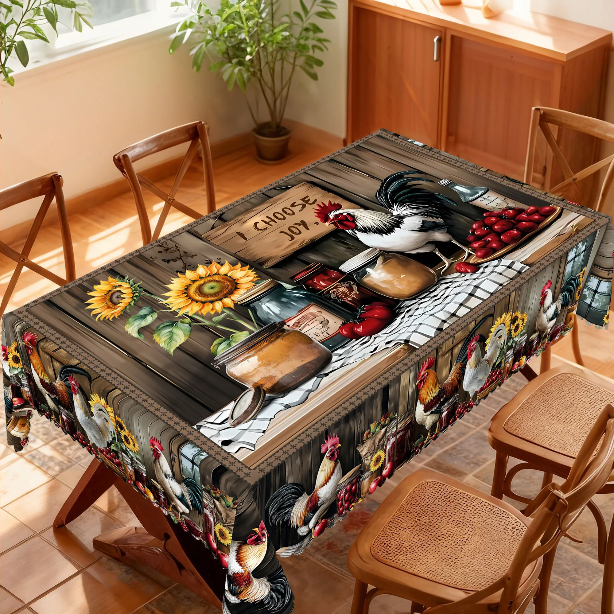 1 Piece of Country-Style Vintage Farm-Themed Round and Rectangular Tablecloth, Available in Various Sizes, Featuring a Central Arrangement of Painted Roosters, Sunflowers, and Vintage Jars, Paired with a Printed Tablecloth with Old Wood Grain Pattern, with Embossed Edges, Suitable for Dining Room, Kitchen, Garden Gatherings, Farm-Themed Parties, and Outdoor Party Decorations