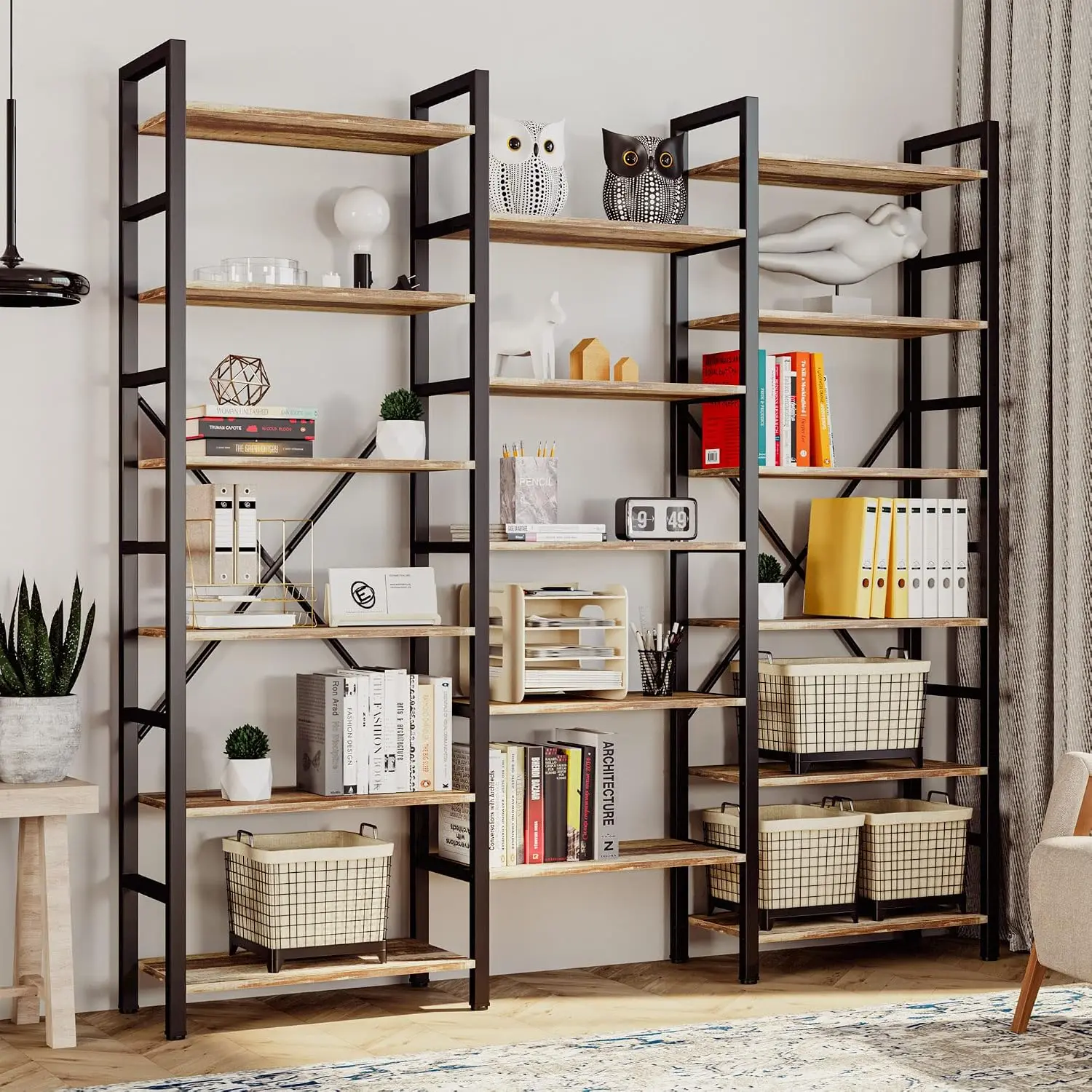 Industrial 6-Tier Triple Wide Open Bookshelf With Metal Frame For Living Room Bedroom Office, Customized