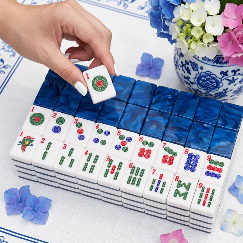 Double-layer Mica Pearlescent Blue Acrylic American Mahjong Set 166 Tiles 32mm Family Tabletop Game Gift