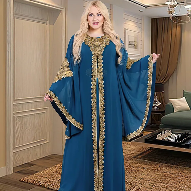 

Women Spring Summer Muslim Fashion Two Piece Flared Sleeve Embroidery Gown Turkey Abaya Arab Islamic Women Moroccan Kaftan Gown