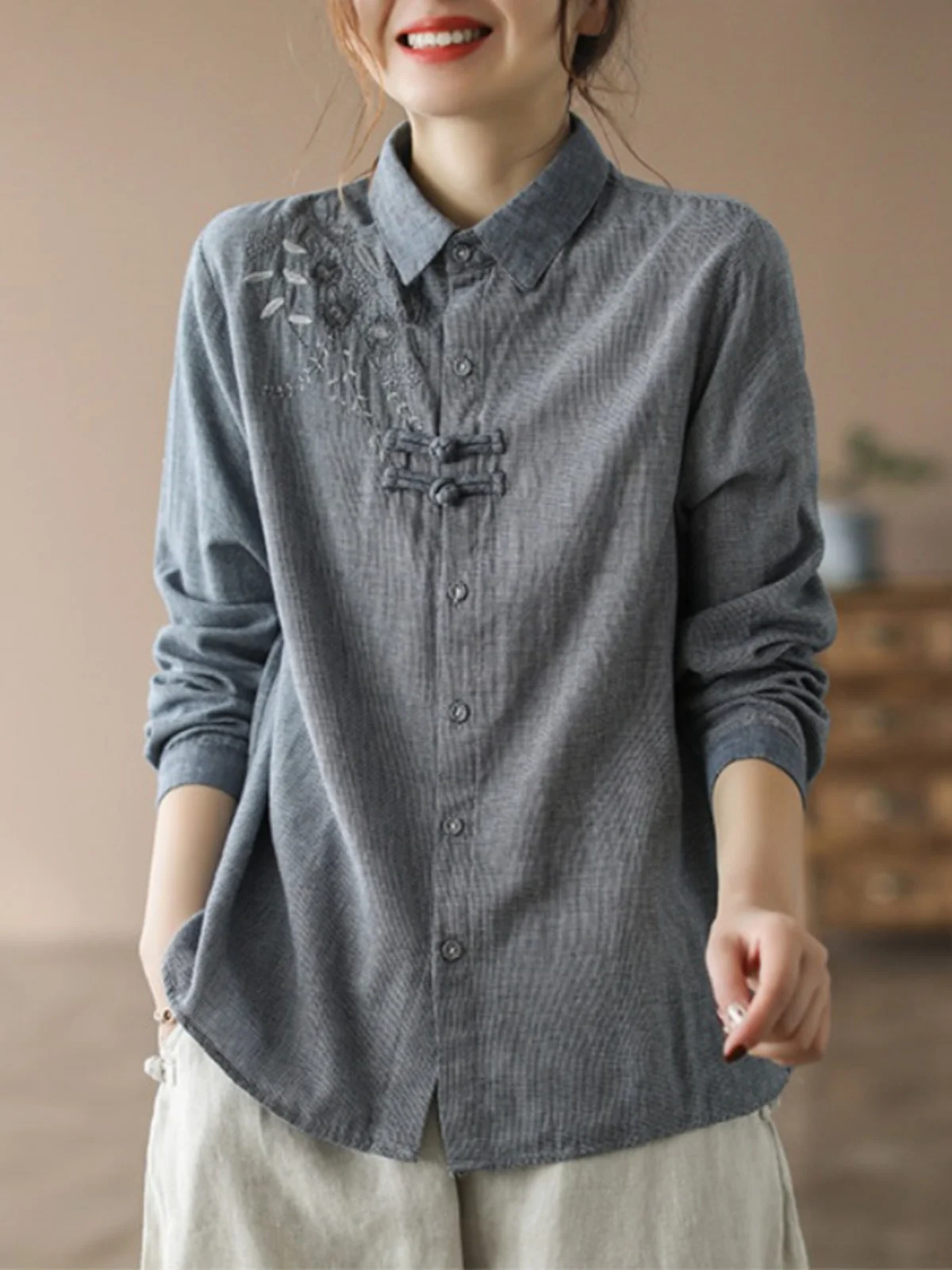

Retro Chinese Style Loose Cotton Linen Shirt Women's Collar Embroidered Top Button up Long Sleeve Regular Fit