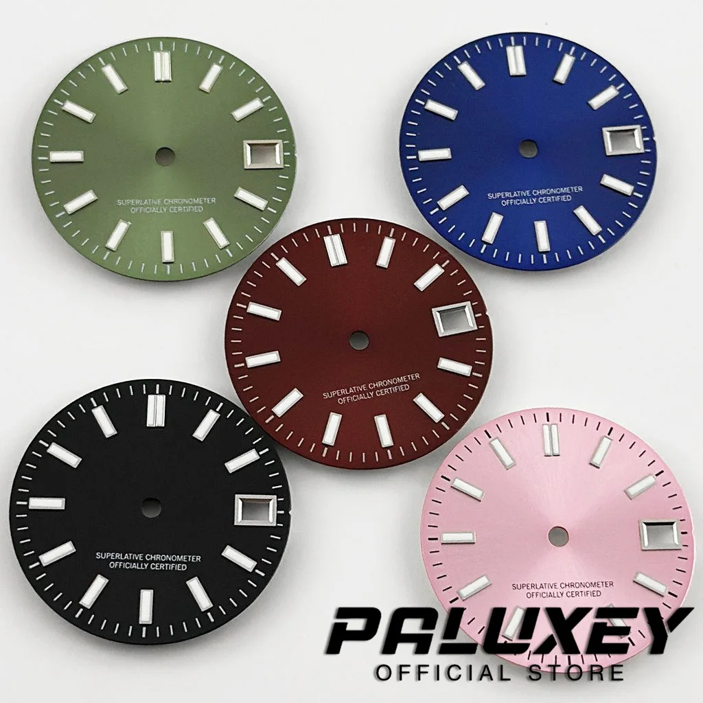 28.5mm Sunburst NH35 시계 다이얼 페이스 시계 액세서리 NH35 4R35 7S 무브먼트 싱글 캘린더 시계 페이스 수리 교체