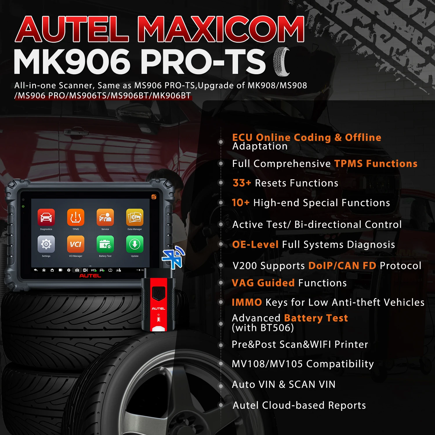 Autel MaxiCOM MK906Pro TS Top TPMS Programming and Diagnostics Tool With ECU Coding,36 Service,All Systems Diagnosis,Active Test