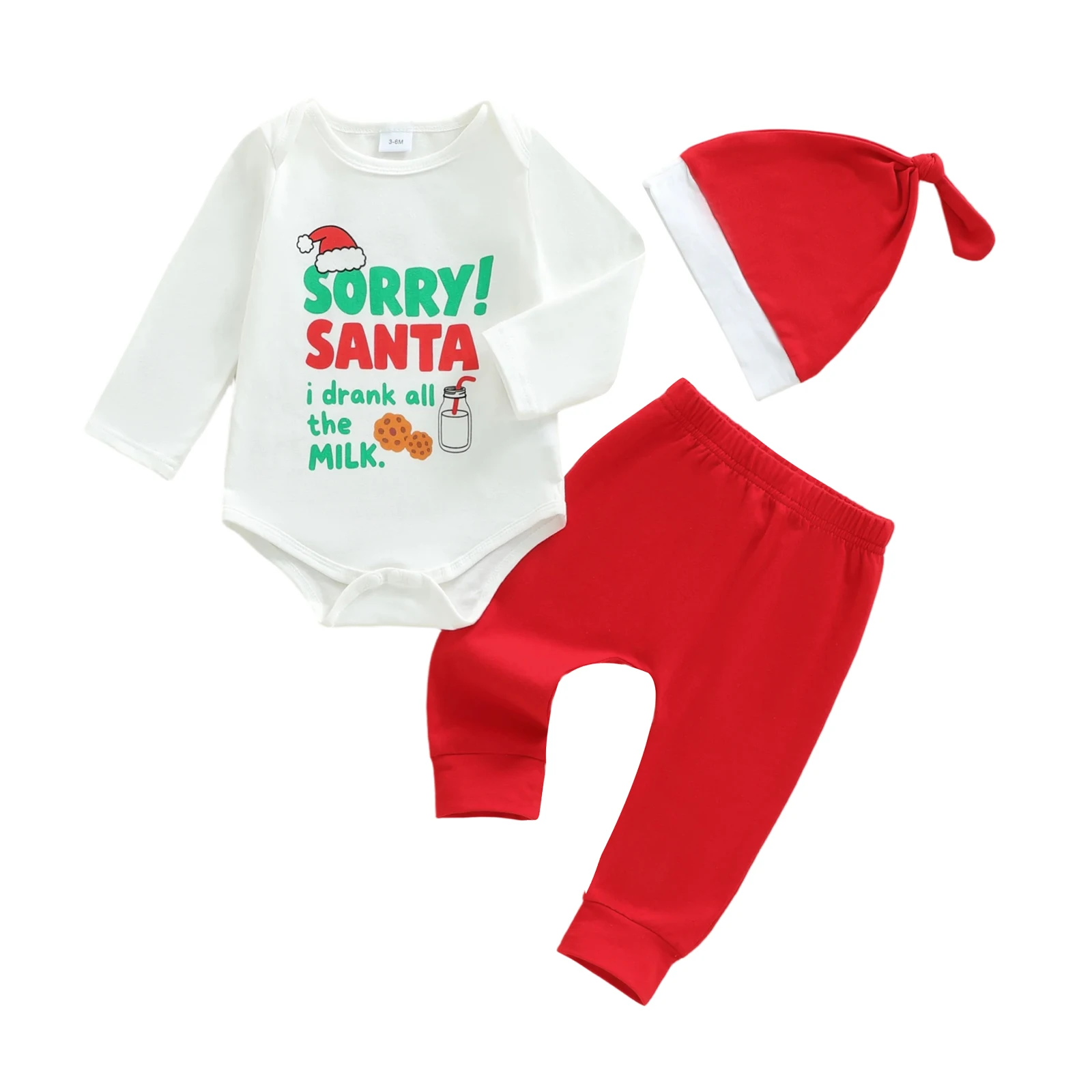 

Baby Boy Christmas Clothes Letter Print Long Sleeve Romper Solid Long Pants and Hat 3Pcs Outfit