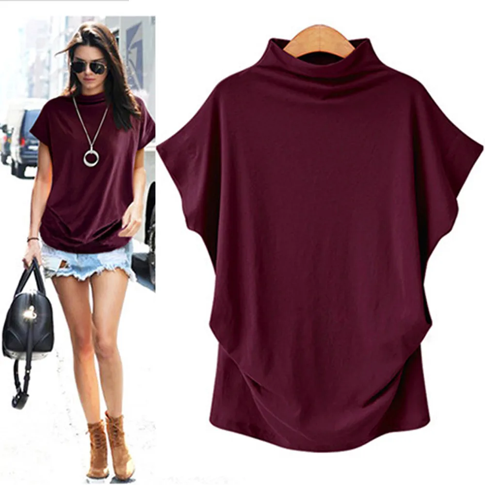 Women Casual Turtleneck Short Sleeve Cotton girl Solid Casual Top Shirt female Plus Size Solid girl clothing fashion