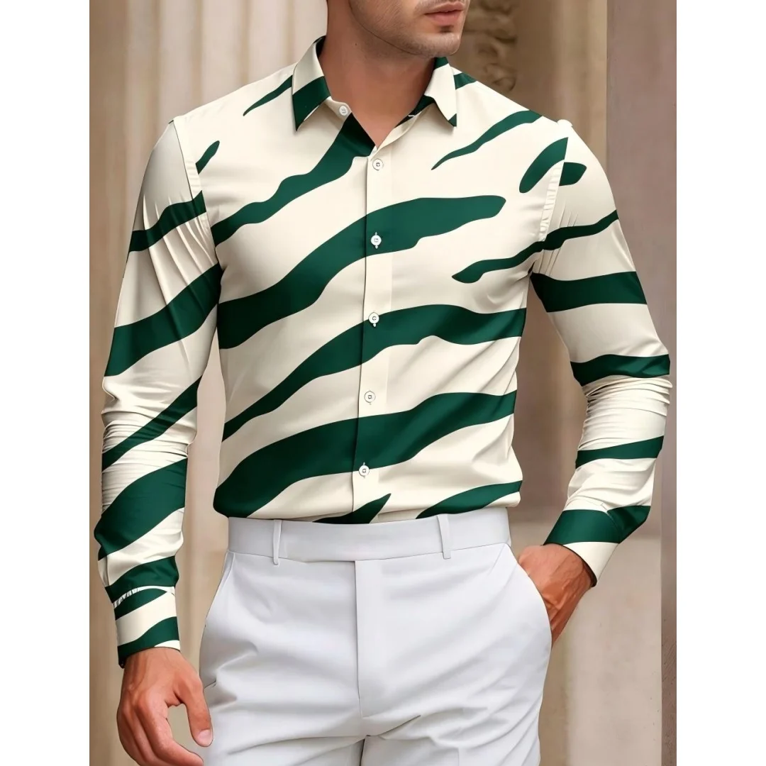 Modern‑Style Men Lapel Collar Shirt Cream Base Irregular Green Wave Print Polyester Long‑Sleeve Blouse