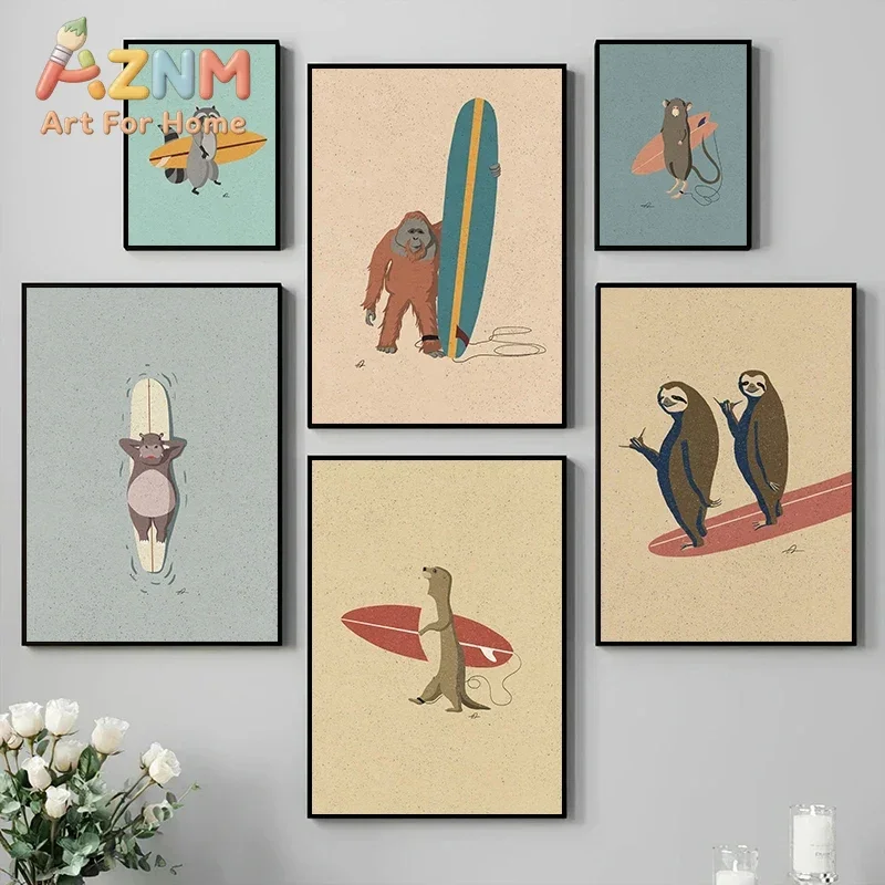 Vintage Cartoon Surfing Animals Canvas Painting Posters Prints Surfing Sloth Frog Racoon Skateboarding Zebra Wall Art Room De