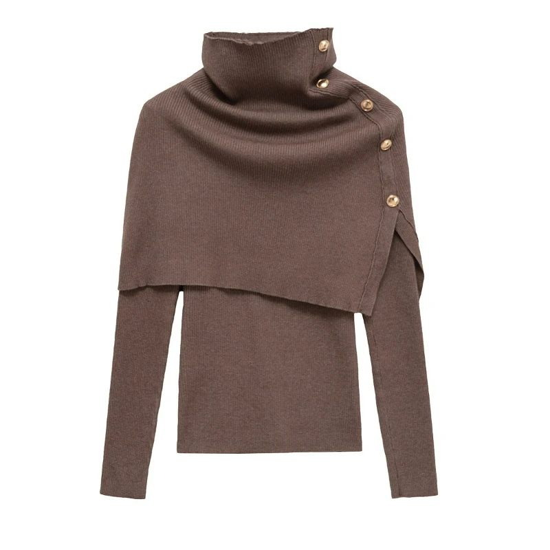 

The New Autumn 2026 Collection Features A High-end Retro Niche Design Irregular High-neck Cape with Metal Buttons Slim Sweater