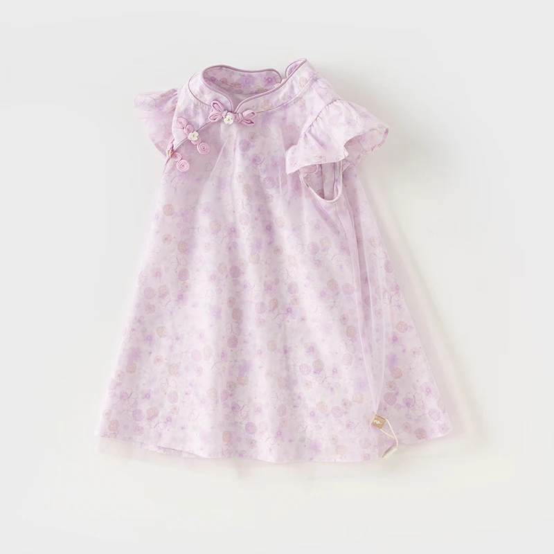 Dave Bella Girl's Princess Dress 2024 New Summer Children's Baby Short Sleeve Floral Noble Cute Sweet Charm Party DB2241021