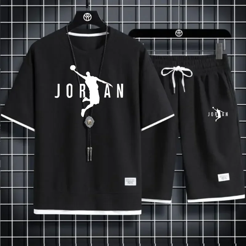 

2026 summer new casual short sleeved T-shirt+shorts two-piece set, fashionable basketball men's pullover sports suit