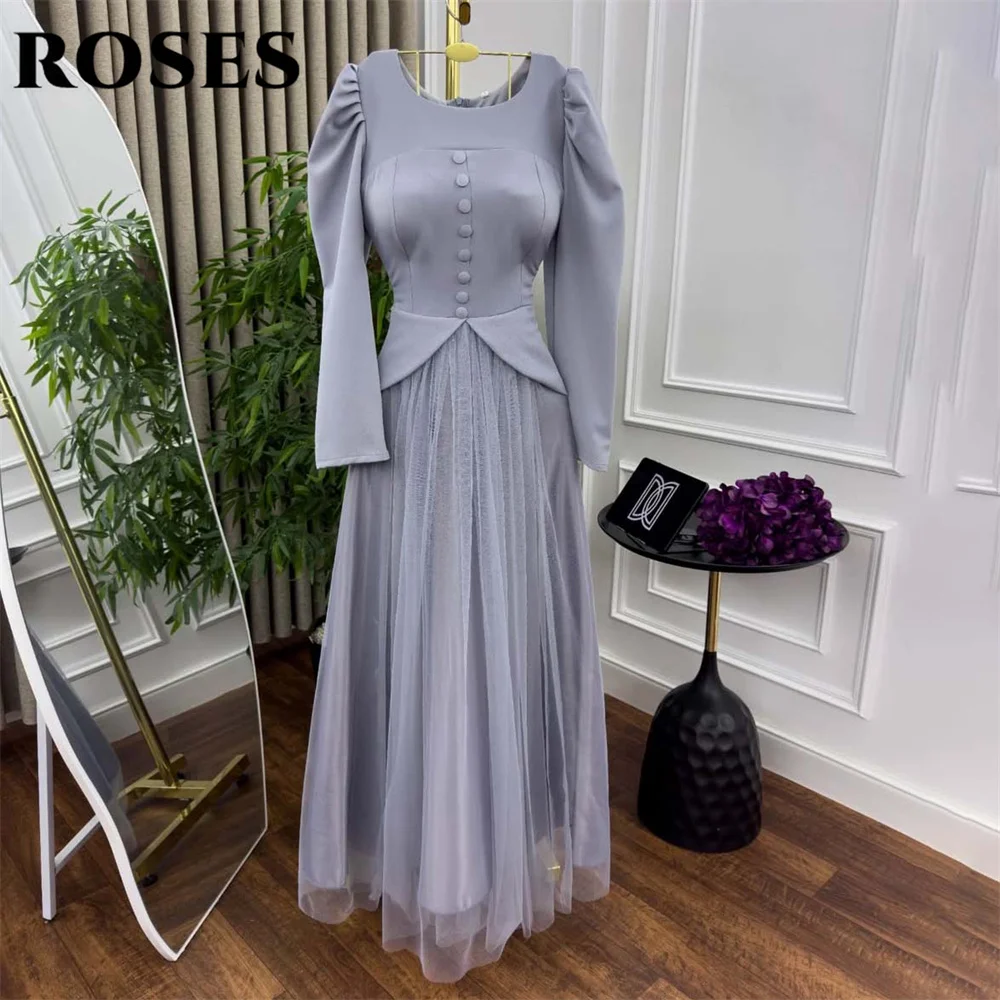 

ROSES Dusty Blue Saudi Arabia Pleats Party Dress O-neck Celebrity Dress A-line Full Sleeve Special Occasion Dress Customized