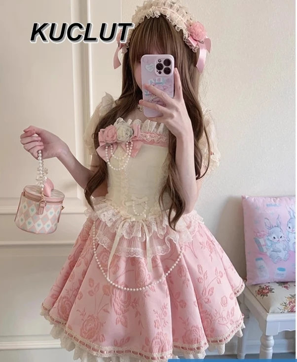 Jsk – robe Lolita en Jacquard pour femmes, douce et mignonne, courte et moelleuse, rose, robe de princesse élégante, nouvelle collection été 2025