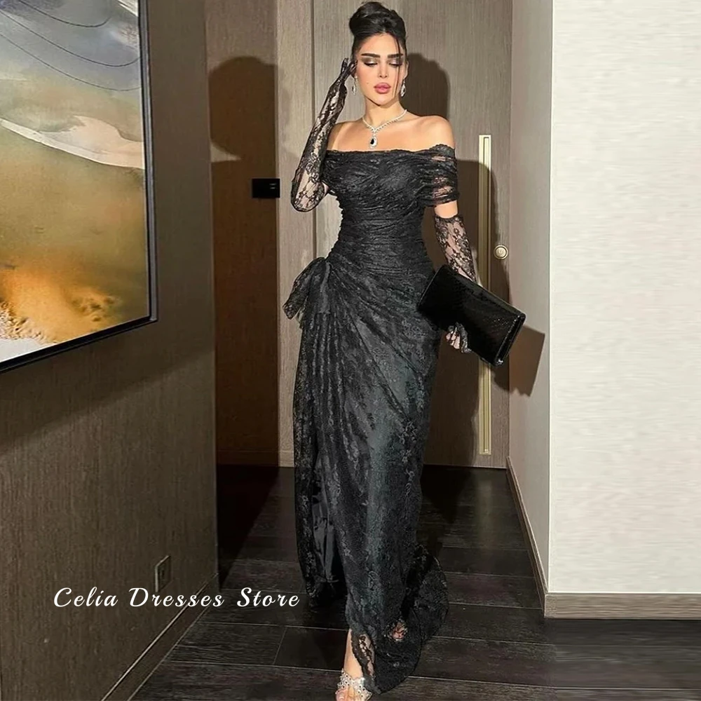 Black Lace Customized Prom Dresses Exquisite Off the Shoulder Evening Dress Sweep Train High Split Special Occasion Gowns