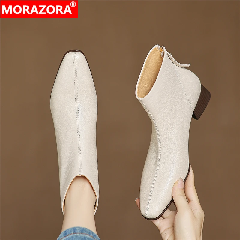 

MORAZORA INS Fashion Genuine Leather Boots Women Chunky Mid Heels Autumn Winter Ankle Boots Fashion Office Dress Shoes