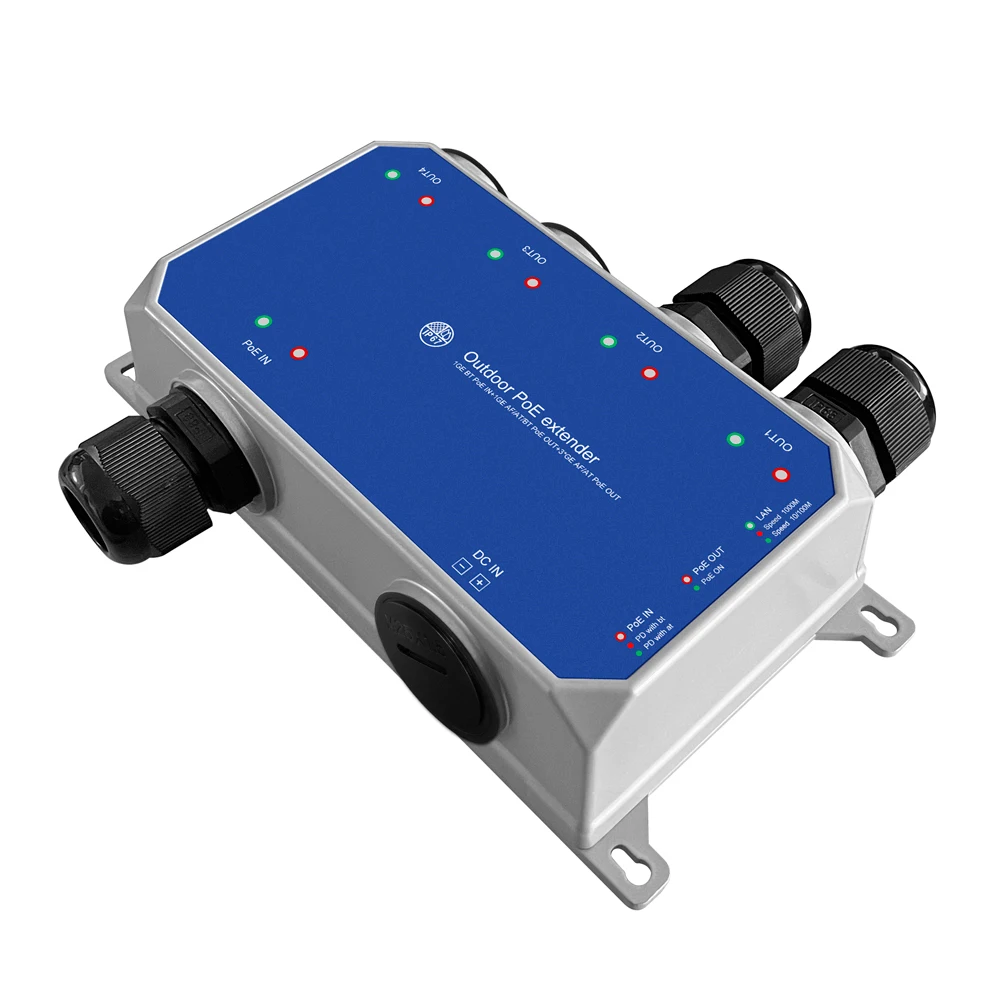 12-48Vdc 入力 4 ポート屋外 POE エクステンダー スイッチ バッテリーと POE 入力を使用して電力を取得可能 10/100/1000Mbps