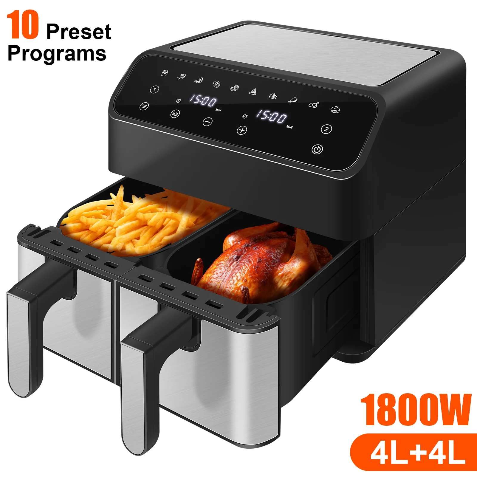 8L 1800W Air Fryer Double Warehouse Electric Deep Fryer UK Plug Non-oil Automatic Programmes with LED Touch Screen