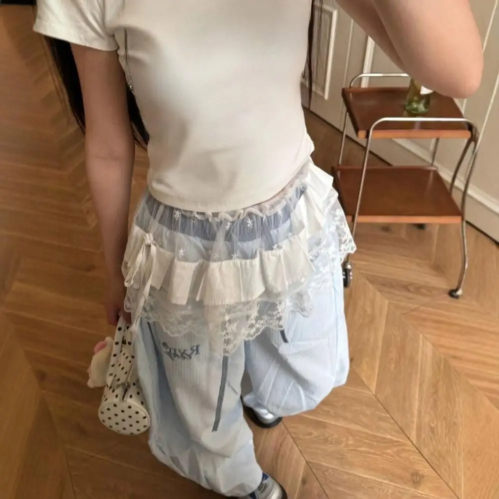

New Embroidered Flower Lace Mini Skirt See Through Harajuku Lace Up Ruffles Skirt Y2K Streetwear Pleated Skirts Jeans Decoration
