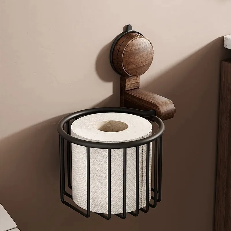 Strong Suction Cup Toilet Paper Holder No Drill Wall Mount Toilet Roll Holder Walnut Wood Metal Toilet Paper Box