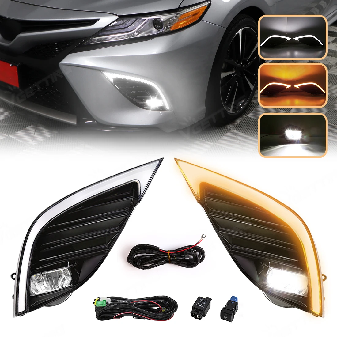 Car LED Daytime Running Light For Toyota Camry SE XSE 2018 2019 2020 White DRL Yellow Turn Signal Headlights Driving Fog Lamp