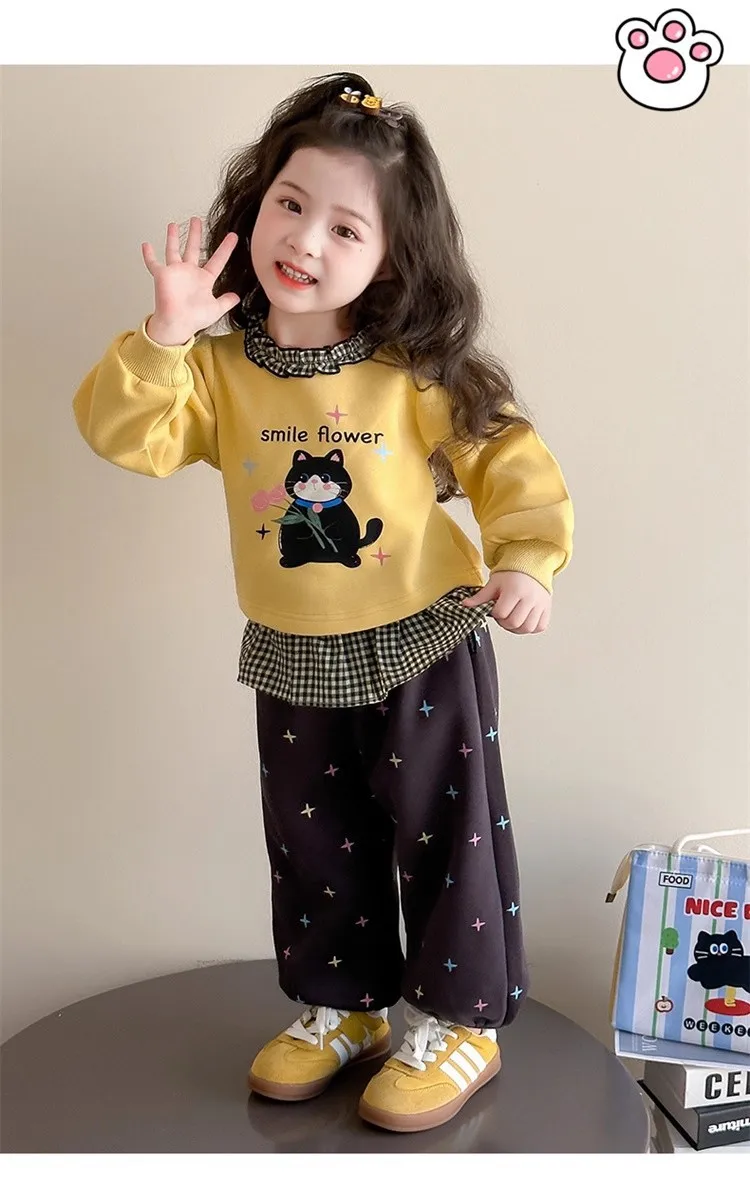 2026 Herbst Baby-Mädchen-Kleidungssets, Kinder-Sweatshirt mit Rüschenkragen und Cartoon-Print + Hose mit Sternenmuster, 2-teiliger Freizeitanzug für Kinder – Detail 7