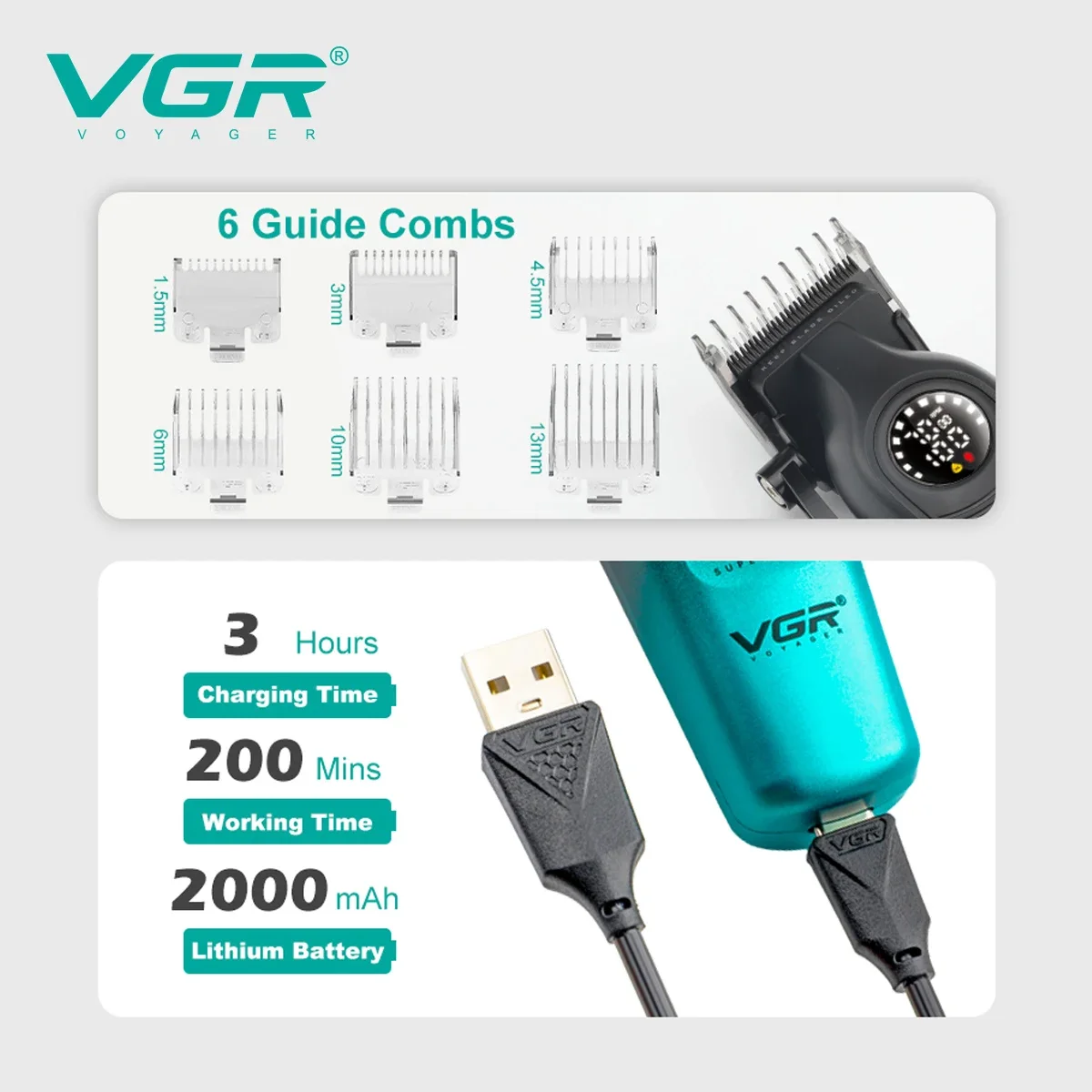 VGR V196 Professional Hair Clipper for Men DLC Blade LED Display Cordless USB Ceramic Blade Hair Cutting Machine Beard Trimmer