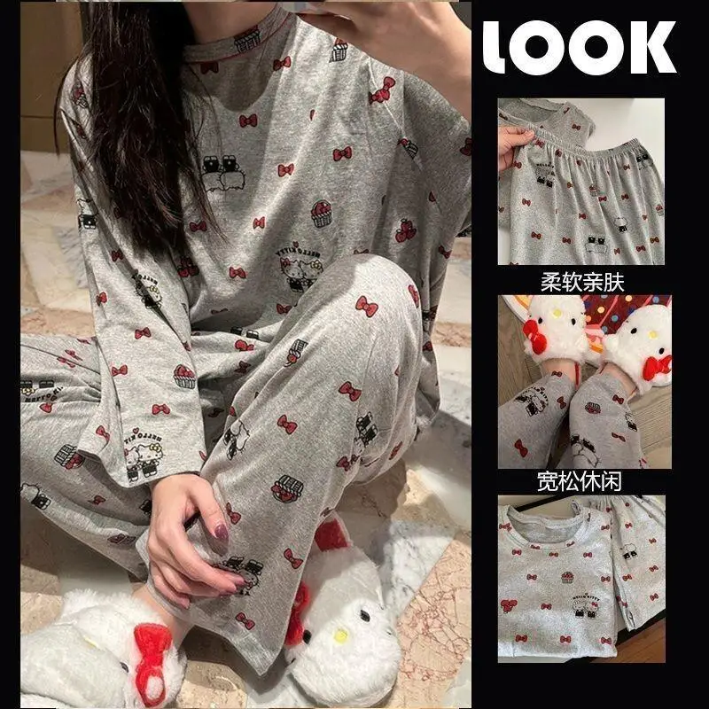 

Комплект пижам Sanrio Hello Kitty из мягкой ткани, милый домашний костюм для девочек-подростков в корейском стиле, с длинным рукавом и мультяшным принтом