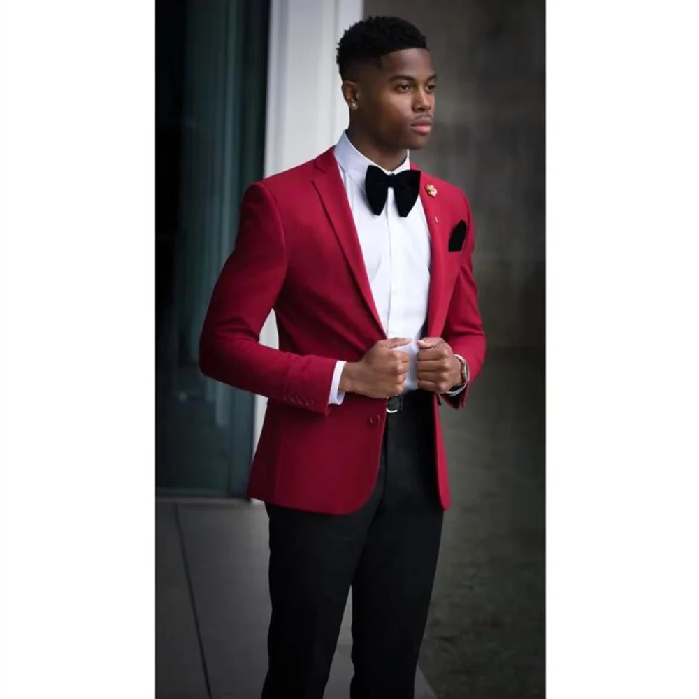 

Exquisite Suits for Men 2 Pieces Rose Red Jacket Black Pants Male Clothing Banquet Business Wedding Party Groom Costume Homme