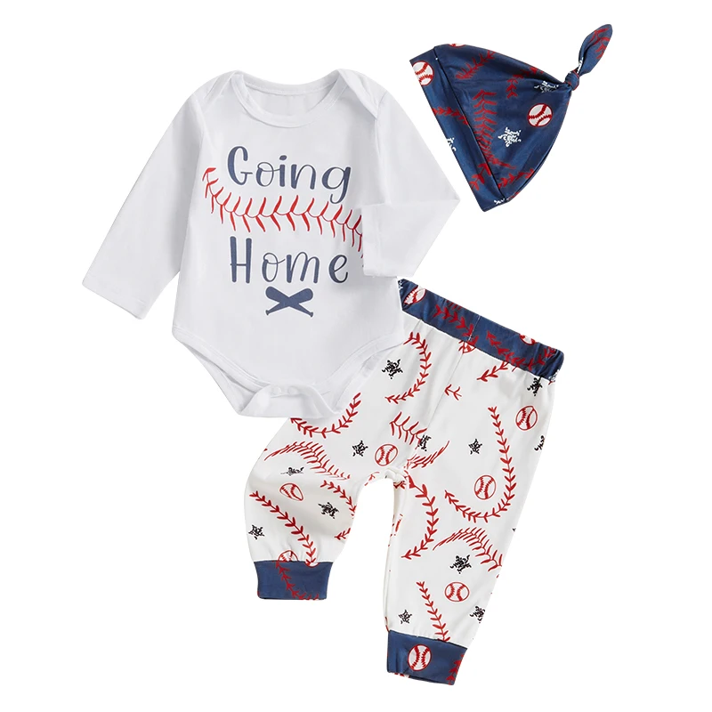 Baby Boy Fall Outfit Baseball Letter Print Long Sleeve Rompers and Elastic Pants Hat Set 3 Piece Clothes