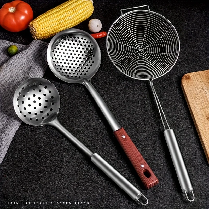 1/3pcs Stainless Steel Skimmer Spoon Set - Long Handle Colander Ladle for Frying, Drying, and Straining - Premium Kitchen Gadget