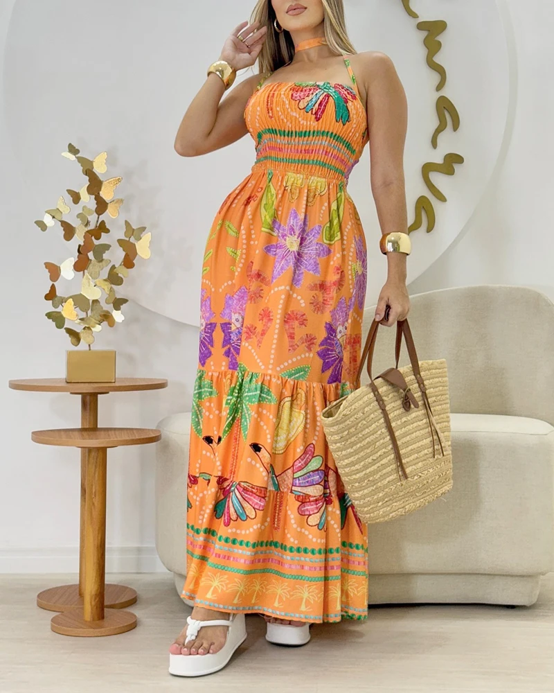 

Womens Dresses Fashion Floral Print Halter Lace Up Bandeau Strechy Shirred Maxi Dress Casual Waist A Line Flared Dress