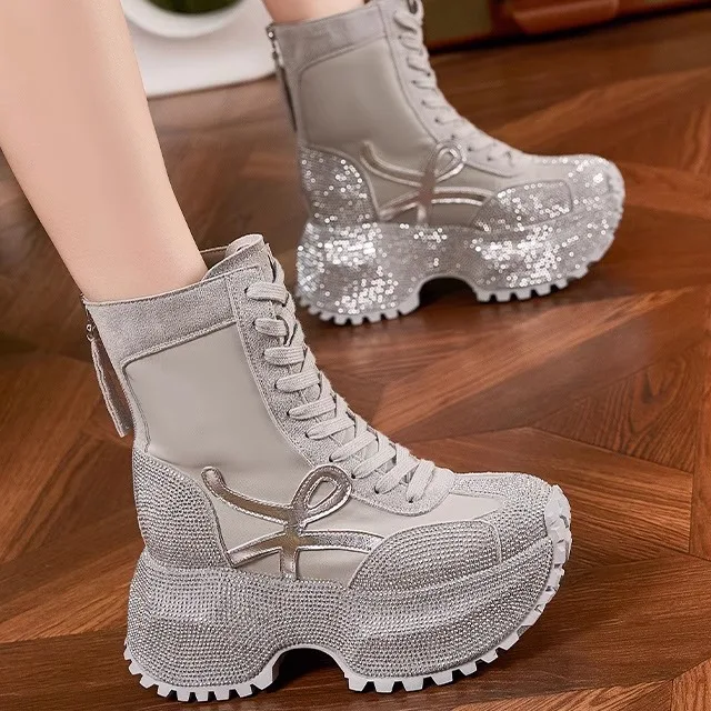 

High-Top Dad Shoes Women's Fashion Thick Bottom Platform Shoes Leather Material Casual Style round Toe Anti-Slip Wear-Resistant