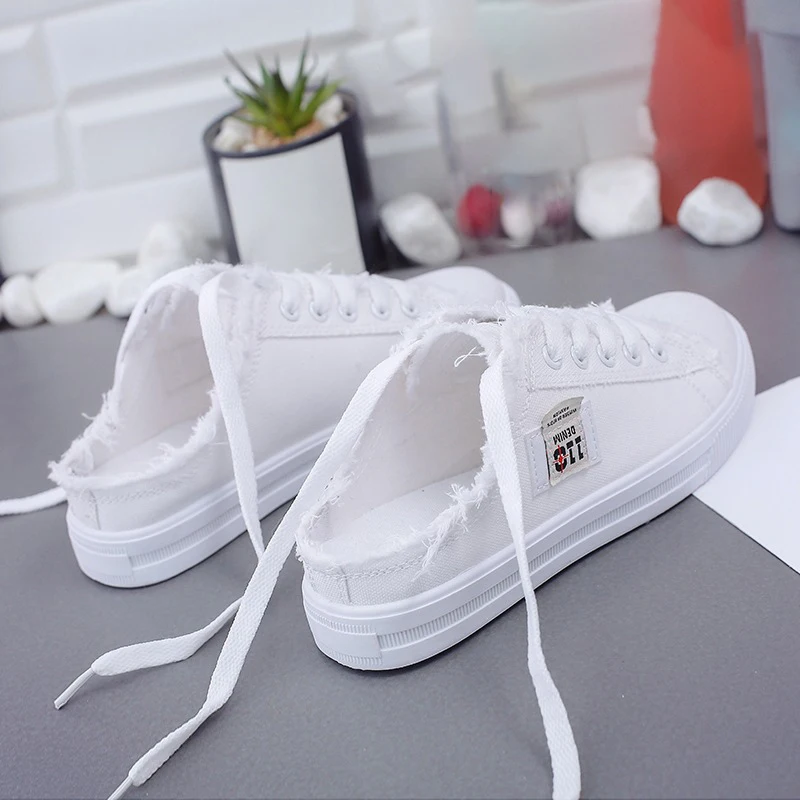 Sepatu Flat Kanvas Wanita Sepatu Slip-on Punggung Terbuka Kasual Nyaman Ringan Bersirkulasi Bertali