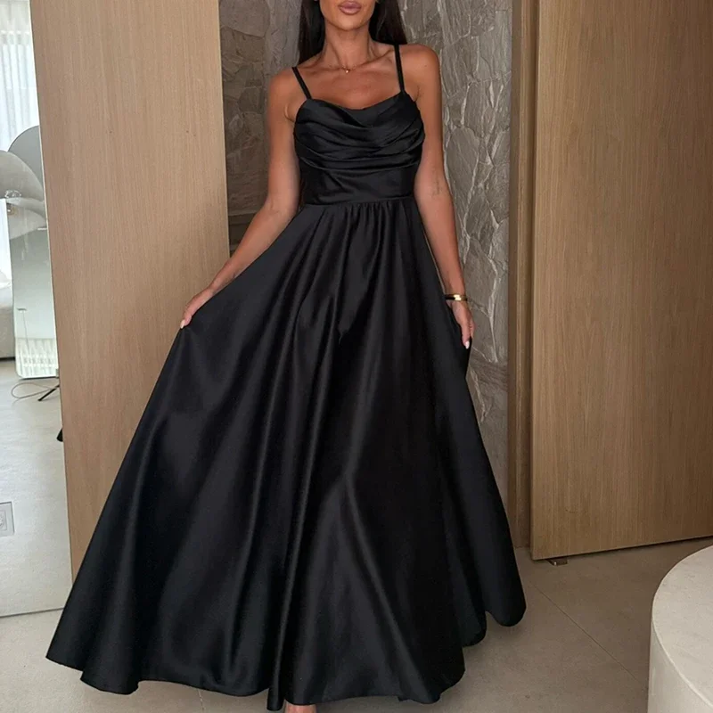 Sommer Sexy Off Schulter Satin Lange Kleid Einfache Feste Farbe Hohe Taille Split Party Kleid Casual Ärmelloses Gefaltetes Frauen Kleid