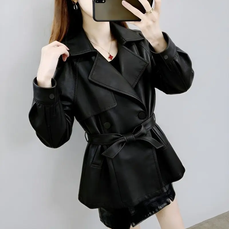 2026 Spring Autumn New Luxury Leather Jacket Women's Suit Collar Soft PU Overcoat Large Size 4XL Slim Faux Leather Trench Coat