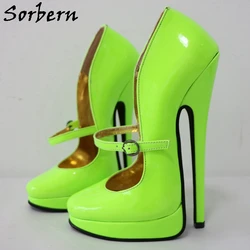 Sorbern Neon Green Women Pumps punta tonda Mary Janes 18Cm tacco alto tacchi a spillo piattaforma inclinata Sissy Boy Fetish Heeled