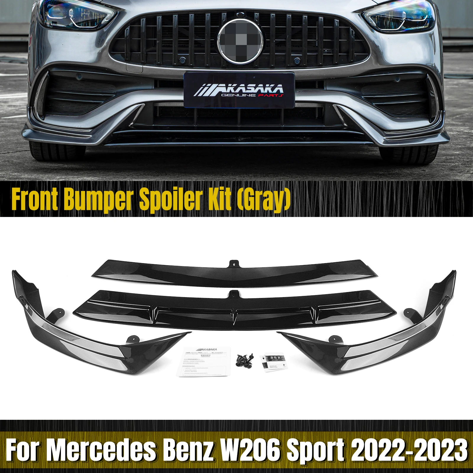 AKASAKA Gloss Black Front Bumper Spoiler Lip Blade+Side Splitter Cover Kit For Mercedes Benz C Class W206 Sport 2022-2023 C300