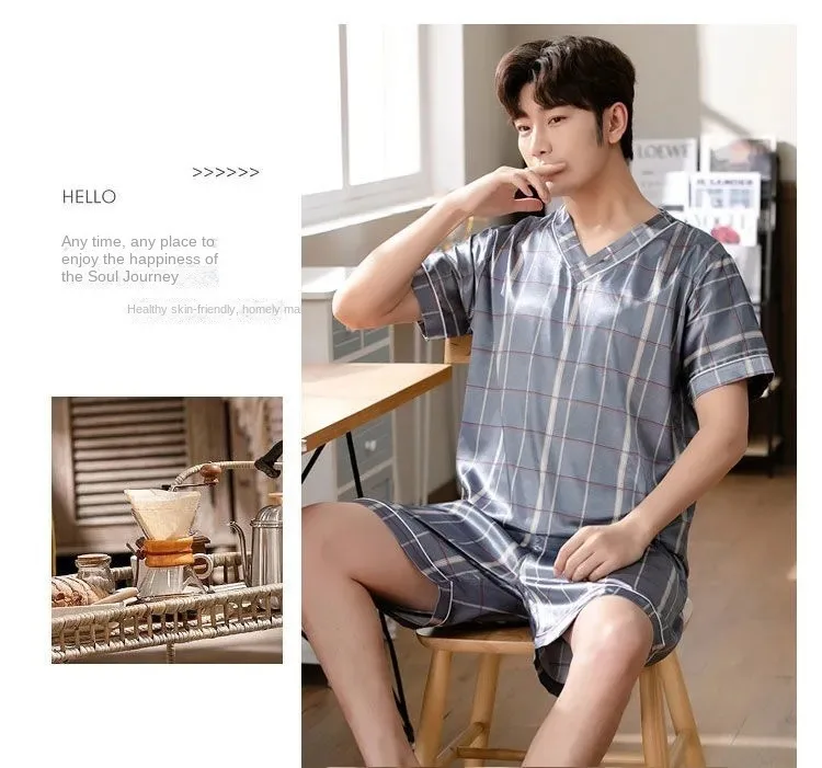Pyjama Männer Eis Seide Kurzarm Student Homewear zweiteiliges Set von leicht zu reinigenden Kurzarm Shorts Nachtwäsche Lounge wear – Detail 12